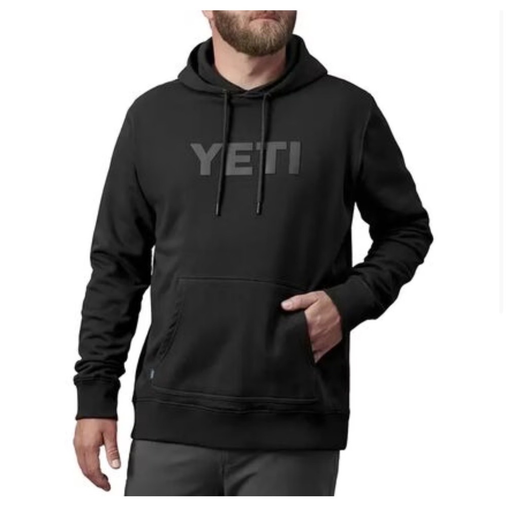 YETI Mens Logo Pullover Hoodie Black Tonal Graphic Sweatshirt Large
